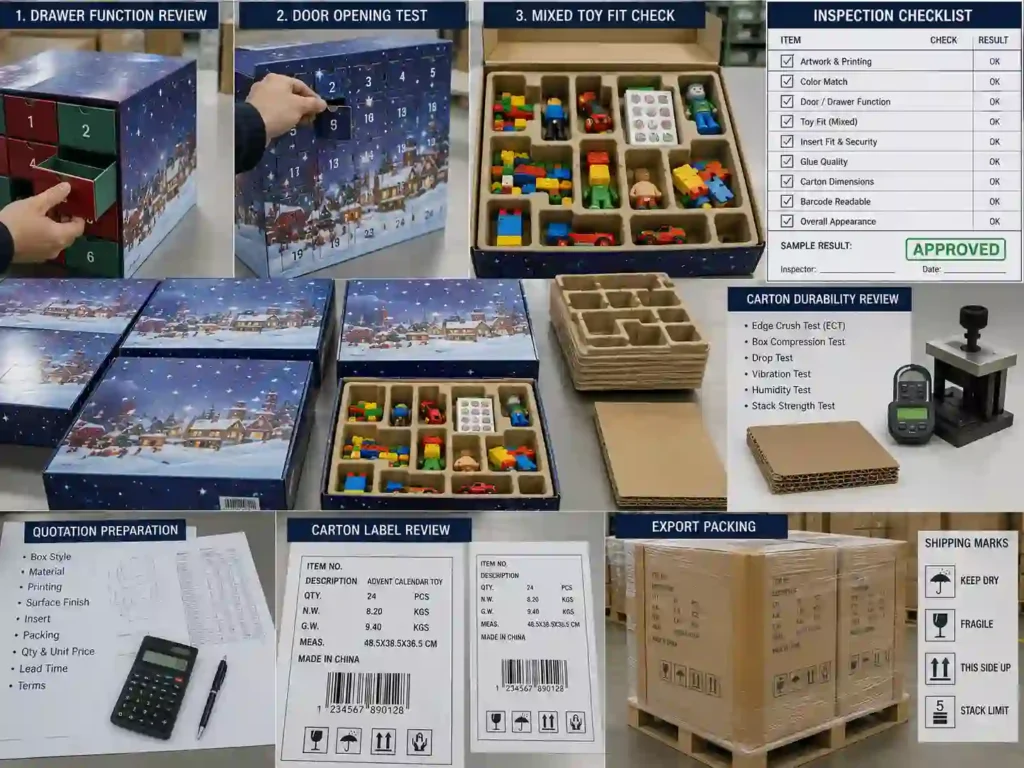 QC inspection and export packing review for custom toy advent calendar boxes