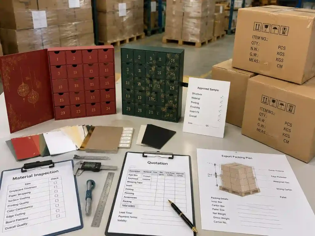 QC inspection and export packing preparation for rigid advent calendar boxes