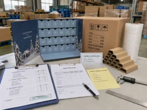 QC inspection and export packing preparation for custom advent calendar boxes before shipment
