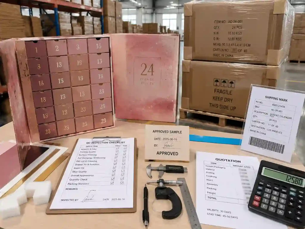 QC inspection and export packing preparation for cosmetic advent calendar boxes