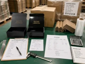 QC inspection and export packing preparation for matte and gloss laminated packaging boxes