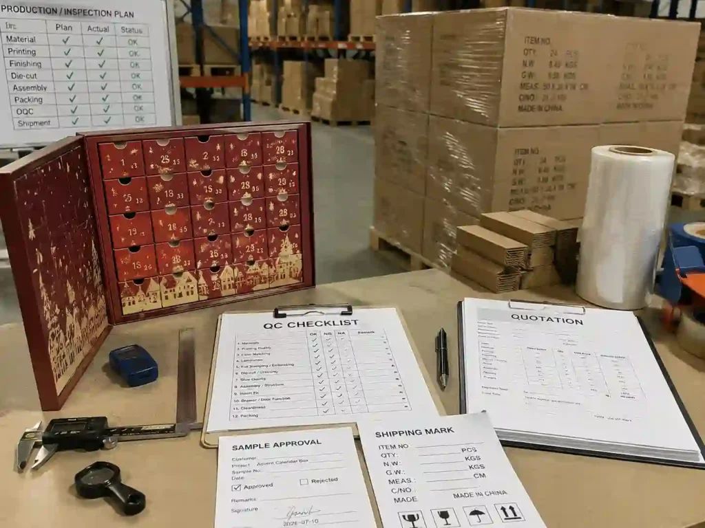 QC inspection and export packing preparation for reliable advent calendar box supplier evaluation