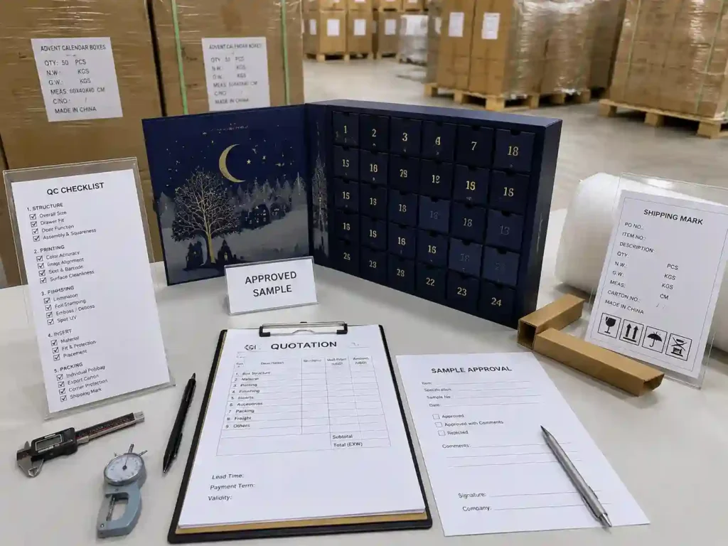 Quality control and export packing preparation for an advent calendar box quotation