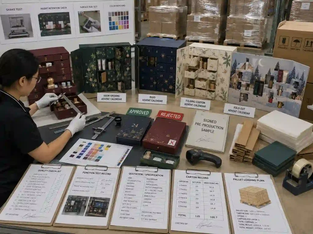 Advent calendar box QC and export-packing inspection with functional testing, approved samples, cartons, shipping marks, and pallet planning.
