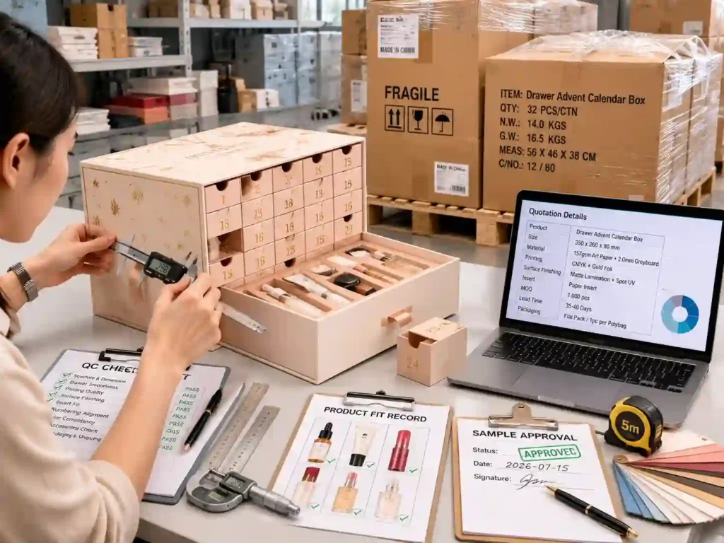 QC and export packing inspection for drawer advent calendar boxes for beauty brands