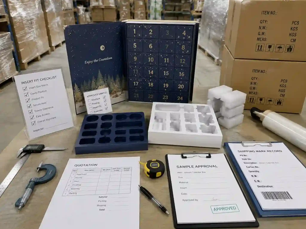 QC and export packing inspection process for advent calendar boxes with custom inserts.