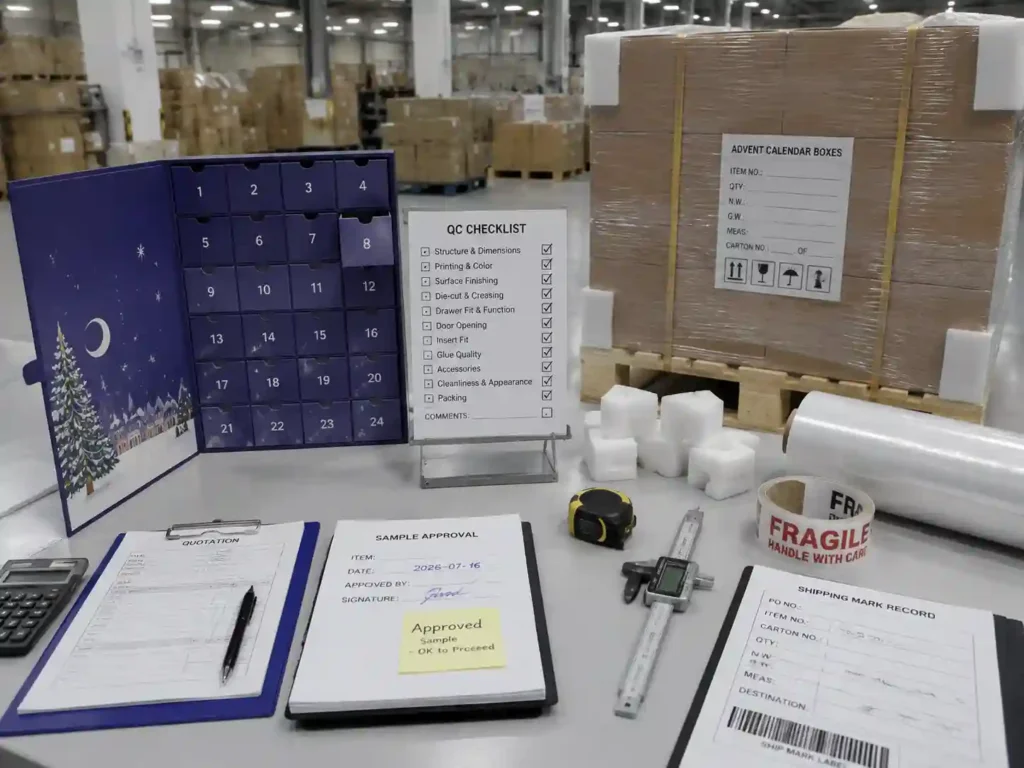 QC inspection and export packing preparation for custom advent calendar boxes