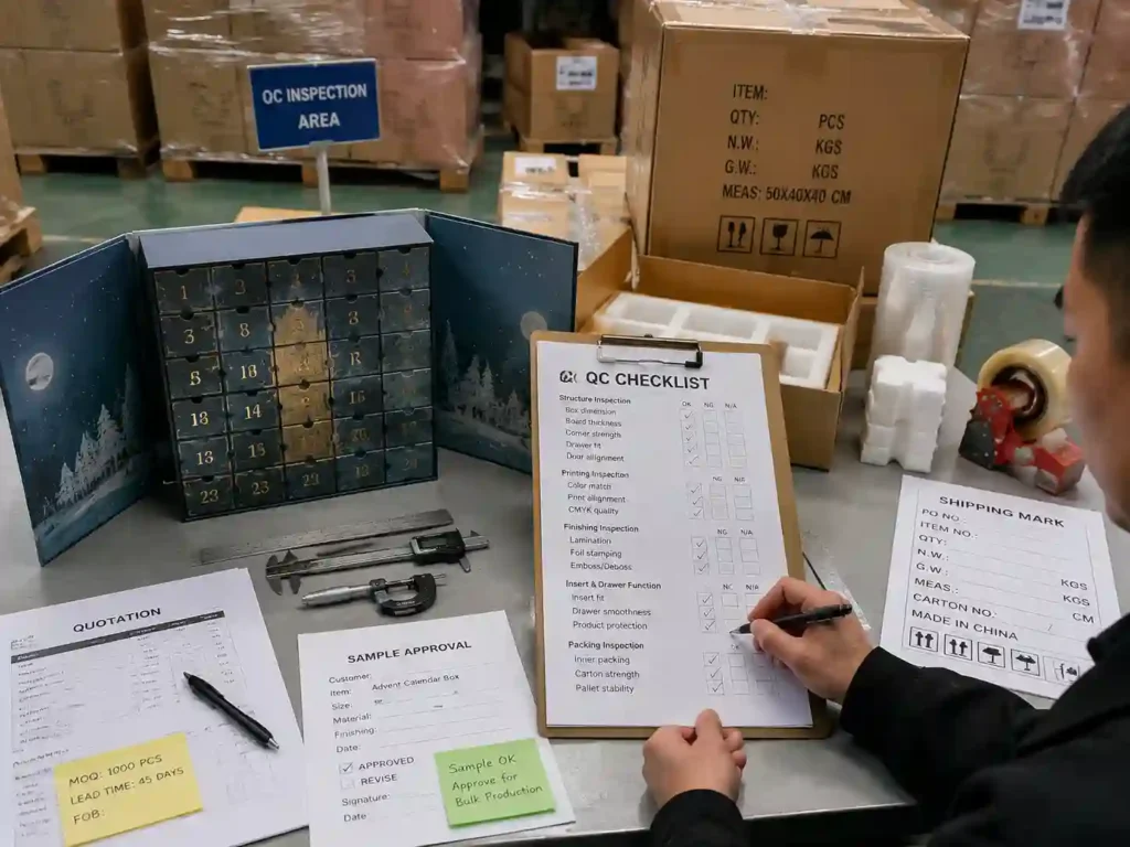 QC and export packing preparation for durable advent calendar box shipments