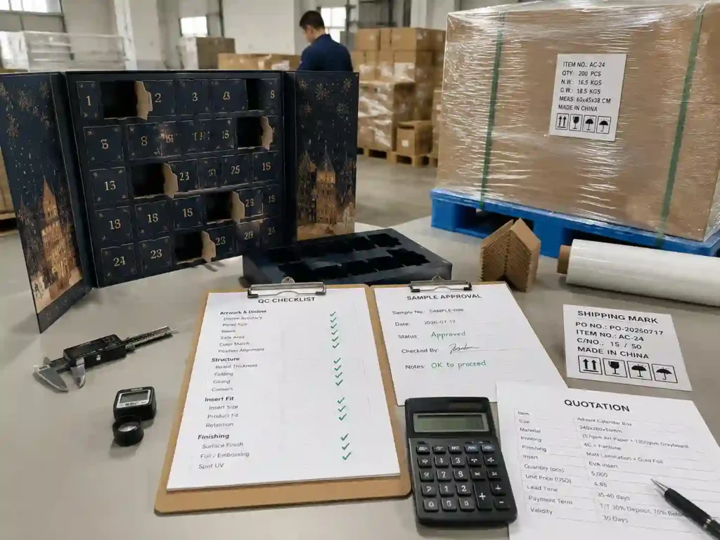 QC inspection and export packing preparation for custom advent calendar boxes