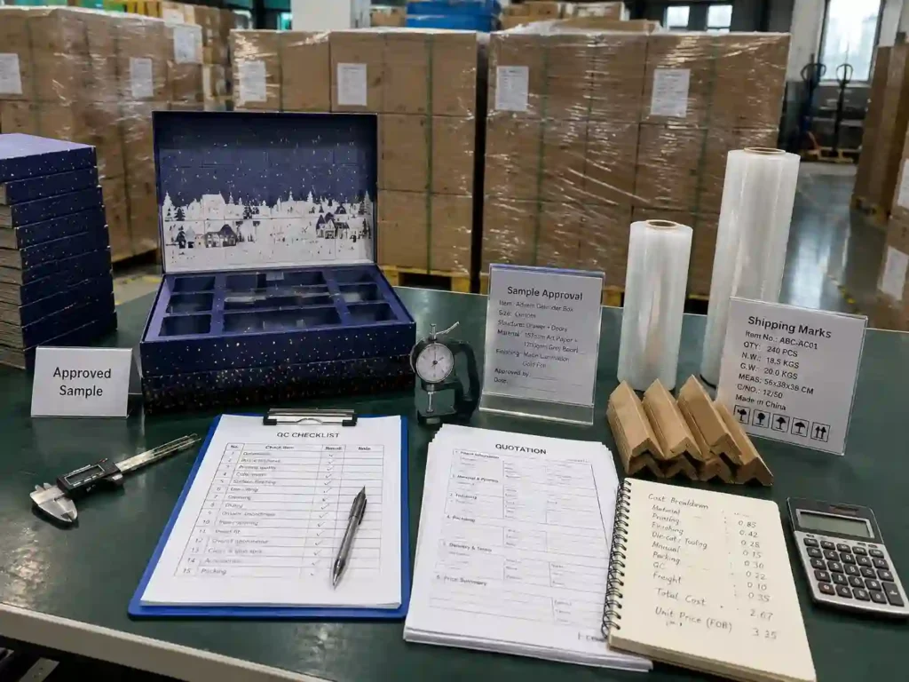 QC inspection and export packing preparation for advent calendar box factory quotation review