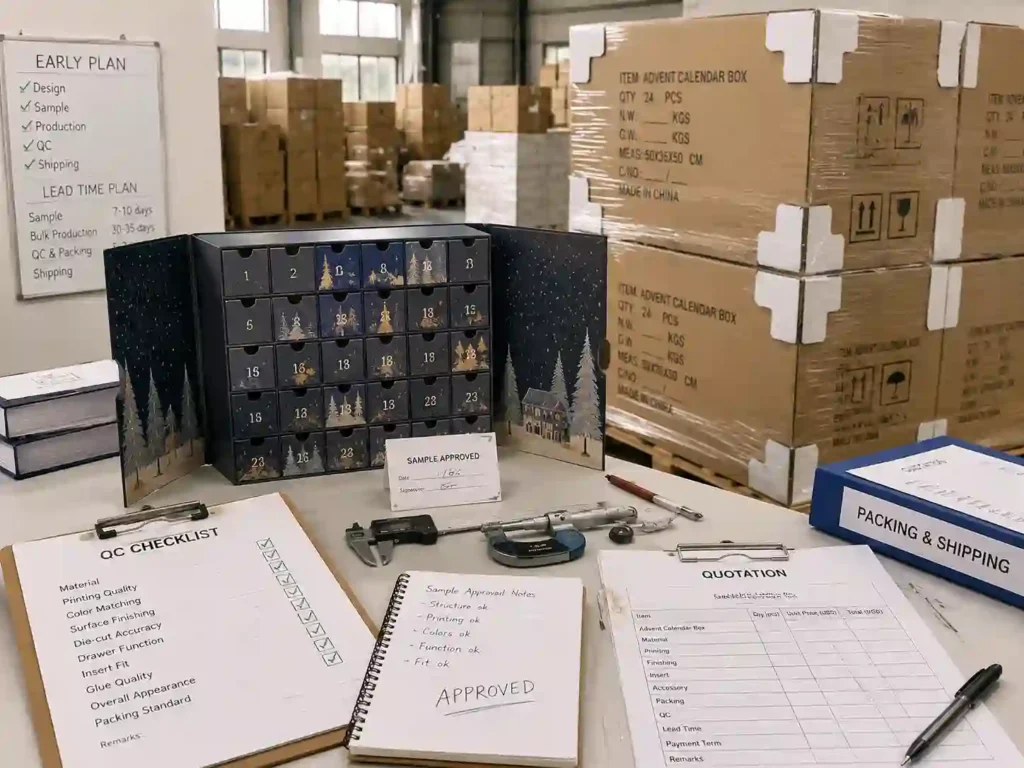 QC inspection and export packing preparation for custom advent calendar boxes