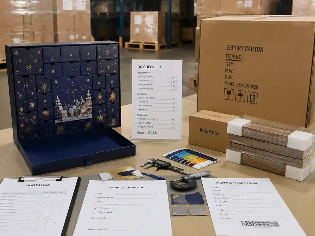 QC inspection and export preparation for custom advent calendar boxes including samples, cartons, and shipping documents