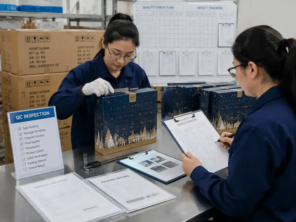 Quality inspectors verifying tamper evidence features and packaging records for advent calendar production.
