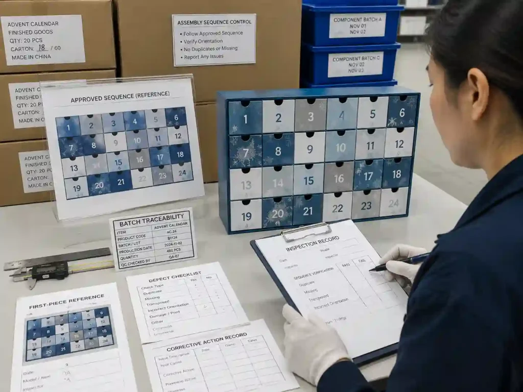 QC inspector verifying drawer order, traceability and defects on a 24-drawer advent calendar.