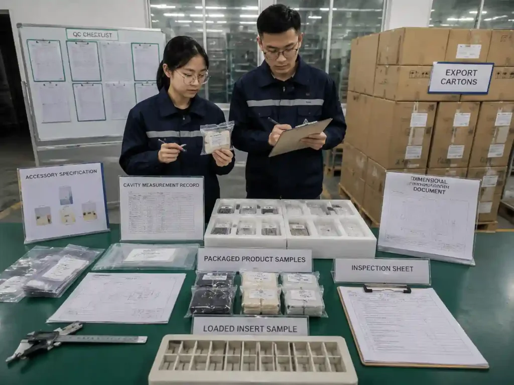 Quality control verification of cavity dimensions with packaged products and accessory documentation.