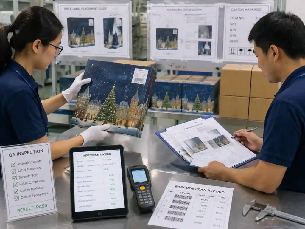 QC inspectors verifying price label placement and packaging approval records
