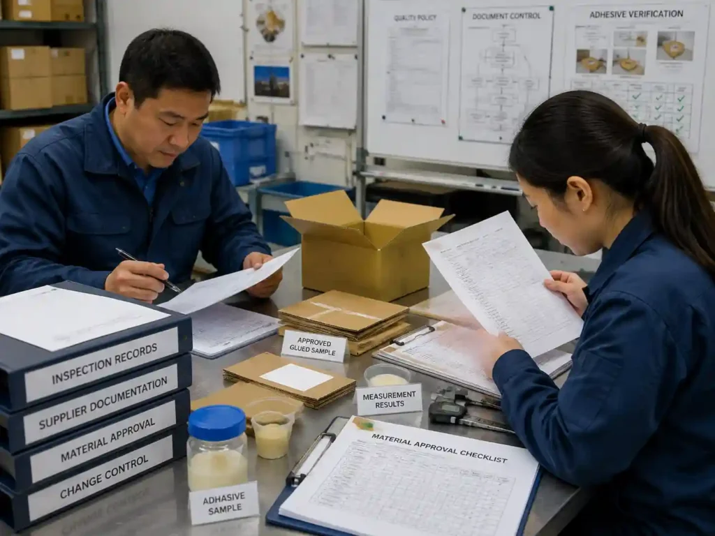 QC team verifying adhesive documentation and packaging material approval records