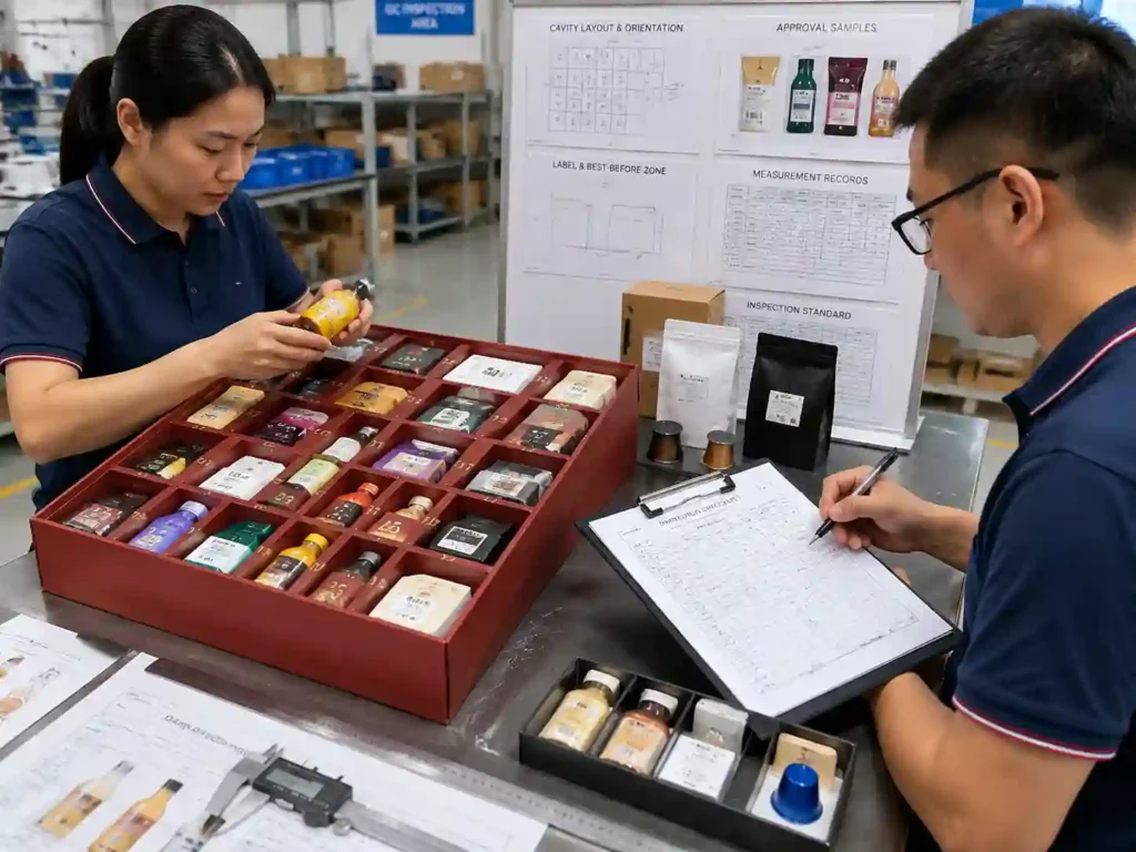 QC inspection of food label visibility and packaging fit records for advent calendar production