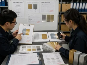 Quality control staff verifying metallic color approval records and packaging finishing samples