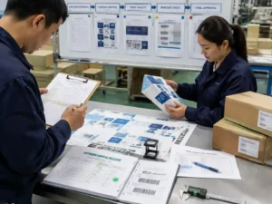 Quality control staff verifying artwork approval records, printed samples, and barcode checks for perforated door packaging.