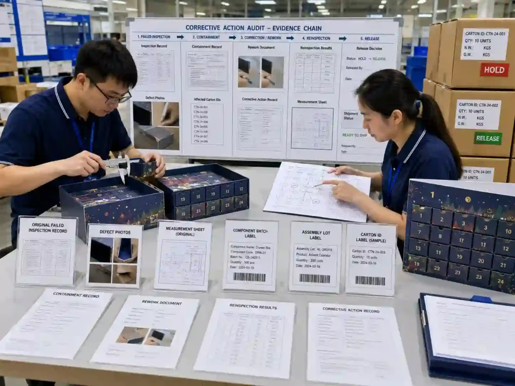 Quality staff tracing corrective action, reinspection, and shipment release records after a failed advent calendar inspection.