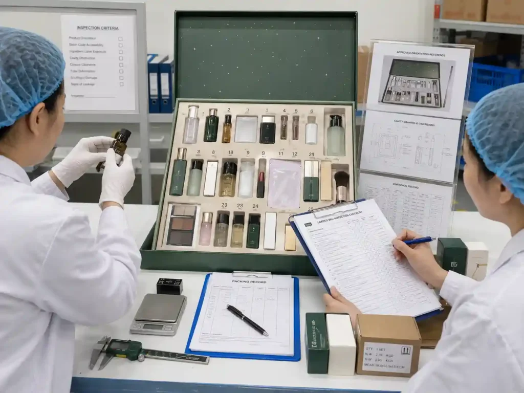 Quality inspectors verifying batch codes, ingredient labels, and product orientation in a beauty advent calendar.