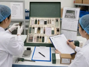 Quality inspectors verifying batch codes, ingredient labels, and product orientation in a beauty advent calendar.