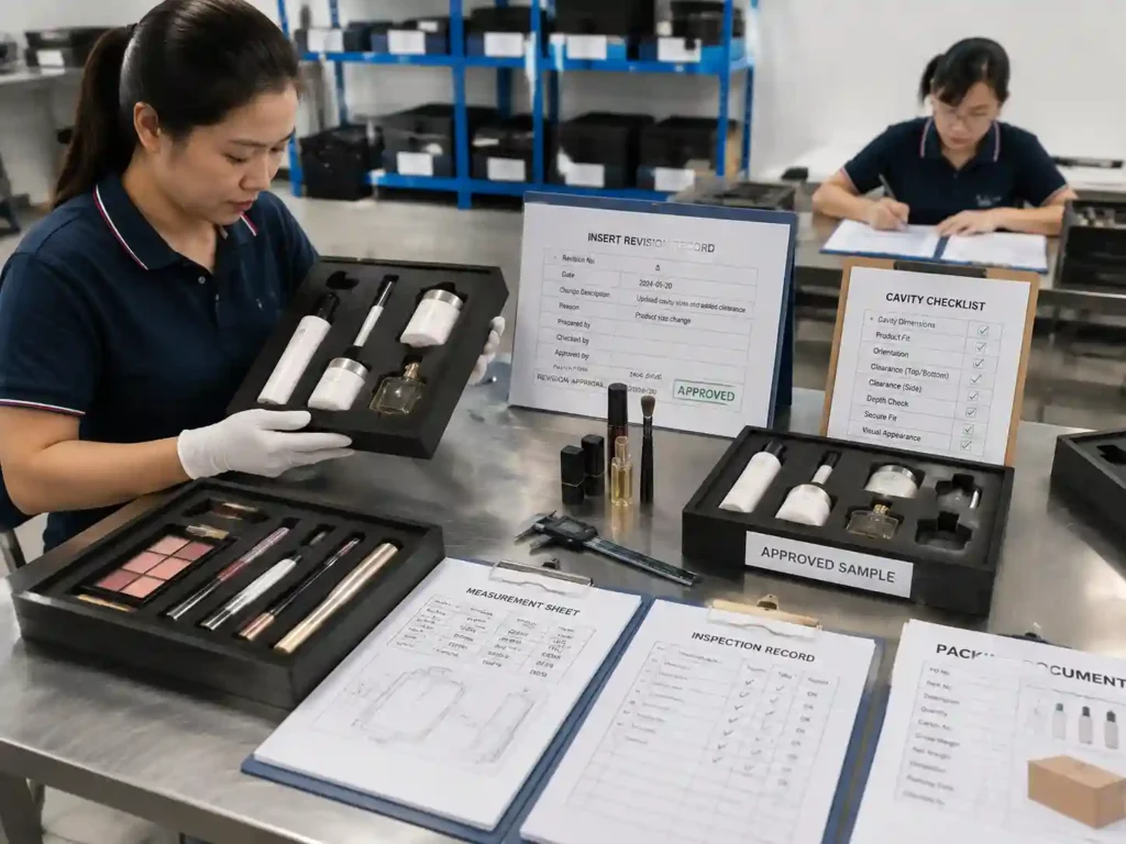 QC team verifying revised beauty packaging inserts with inspection records