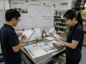 Quality control staff verifying artwork records and safe area checks for small calendar compartment packaging