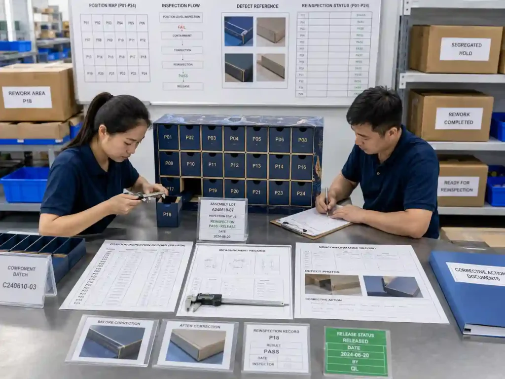 QC staff tracing a corrected advent calendar component through batch records, reinspection results, and controlled production release.
