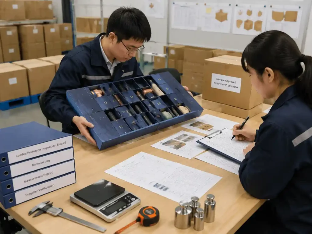 Quality control inspection of loaded prototype records and packaging approval documents.