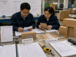 Quality control staff verifying approved kraft and recycled paper variation records and packaging material documentation.