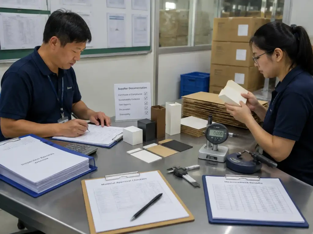 Quality control team verifying FSC-certified and recycled paper packaging documents, samples, and inspection records.