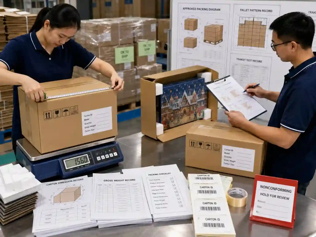 QC staff verifying assembled advent calendar master carton dimensions, weight, packing configuration, and pallet records before shipment.