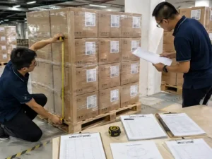 QC staff verifying finished pallet height using inspection records, measurements, and production packing documents.