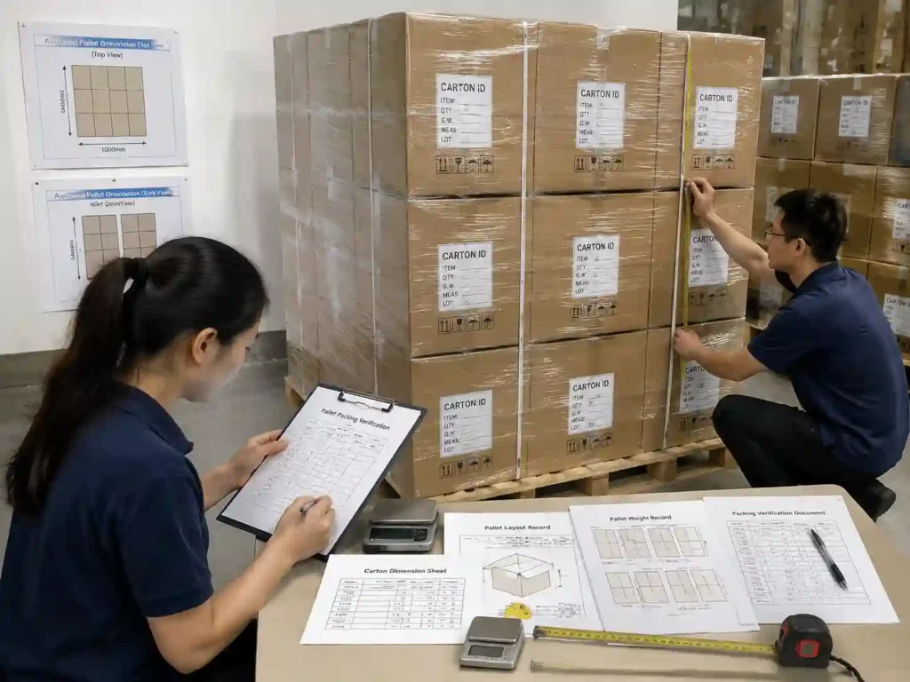 QC staff verifying master carton pallet orientation with inspection records, measurements, and shipment packing checks.