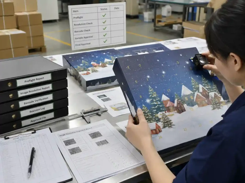 Quality control inspection of image resolution verification records before packaging production.