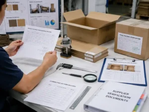 Quality control staff checking packaging records and measurements for hidden low quote changes