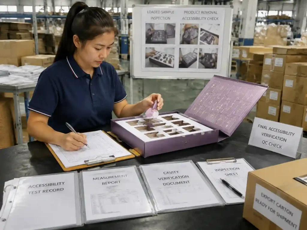 Quality control team verifying product removal accessibility documentation before production approval.