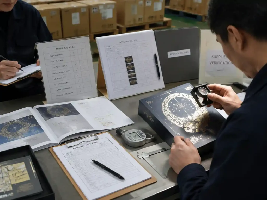 QC inspection of foil emboss finishing records and packaging samples