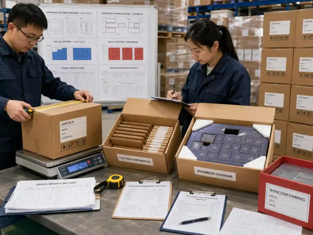 QC staff verifying flat-pack and assembled advent calendar carton dimensions, quantities, protection, and pallet records.