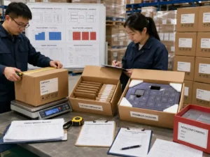 QC staff verifying flat-pack and assembled advent calendar carton dimensions, quantities, protection, and pallet records.
