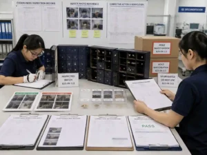 QC documentation review showing traceability records for compartment dust and debris control