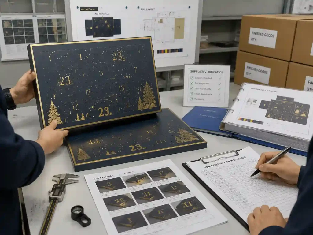 QC staff verifying foil registration records and finished numbered advent calendar door samples