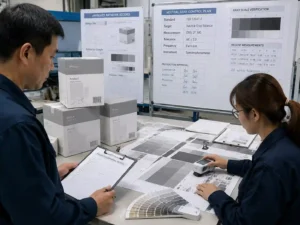 QC staff reviewing gray panel inspection records, measurements, and packaging approval documents.