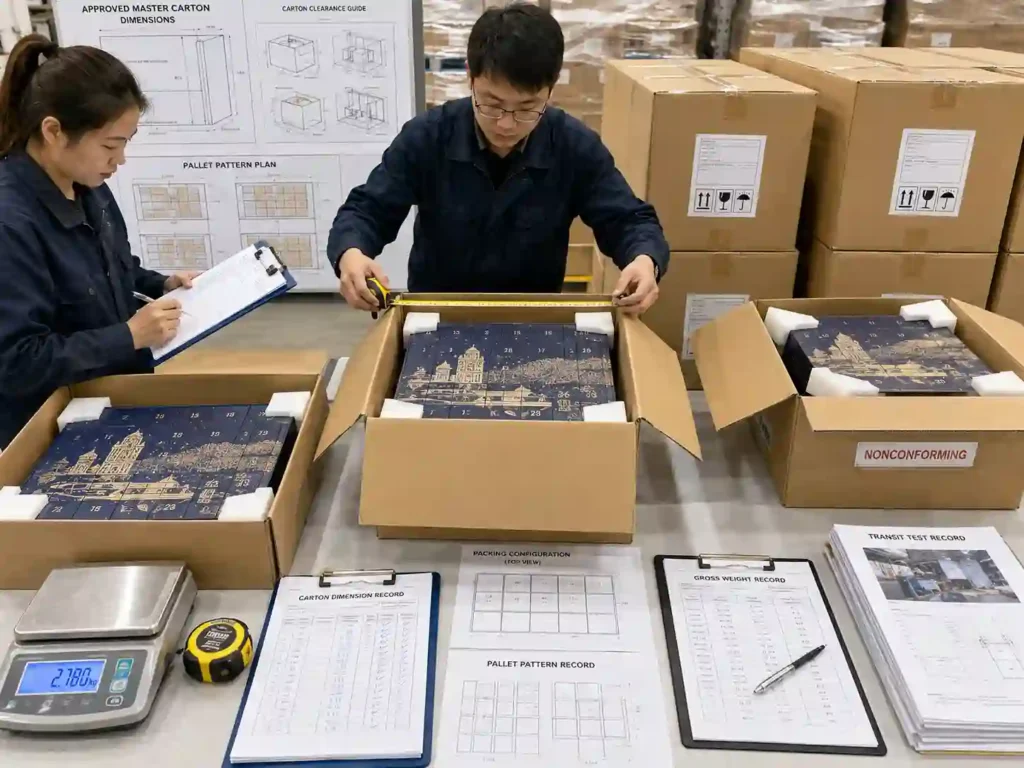 QC staff verify corner protector placement, master carton dimensions, pack quantity and pallet plan before advent calendar shipment.