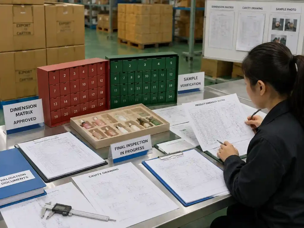 Quality control staff verifying advent calendar product dimension records, samples, and packaging validation documents.