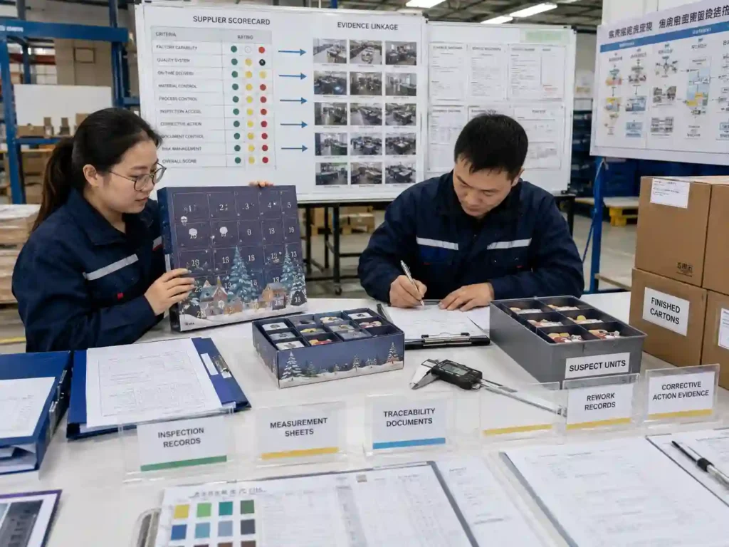 Quality staff verifying inspection, measurement and corrective-action records for a seasonal packaging supplier scorecard.