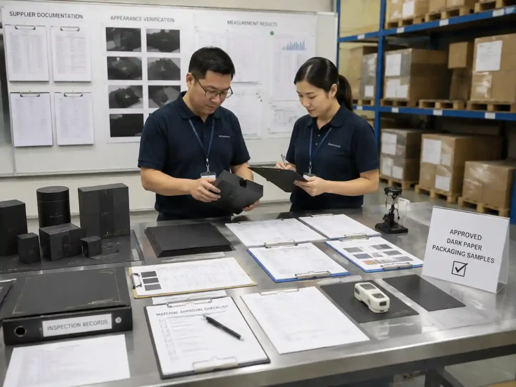 Quality control staff verifying dark paper packaging samples with inspection records and approval documents.