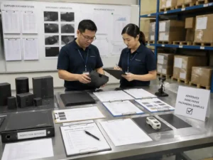 Quality control staff verifying dark paper packaging samples with inspection records and approval documents.